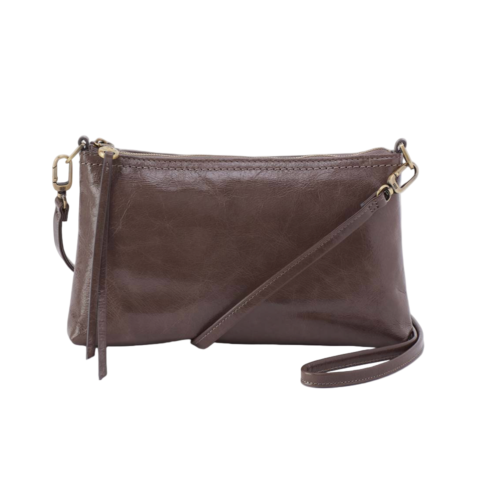 Brown leather crossbody bag on a white background