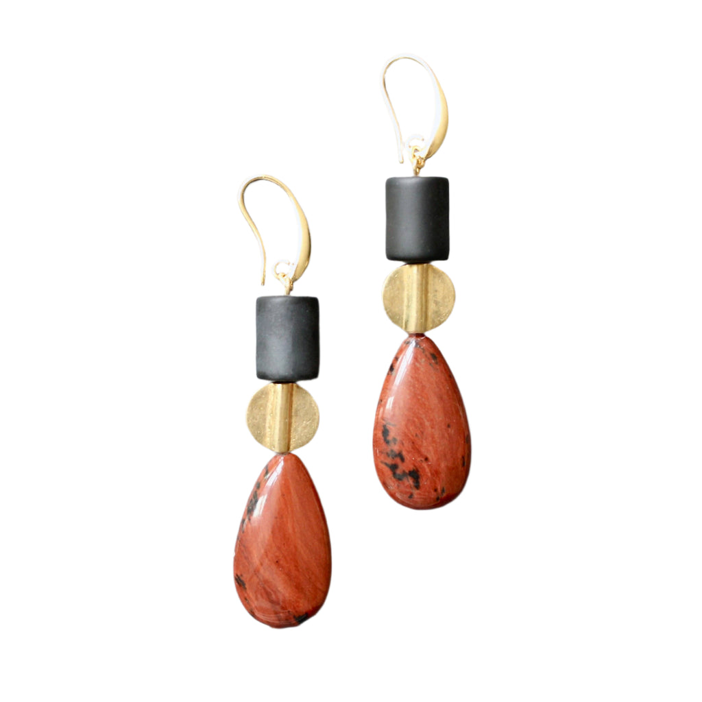 A pair of Mahogany Jasper Earrings featuring beaded design with gold plated brass hooks and stones
