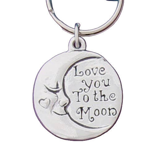Silver keychain with 'Love you to the Moon' engraving on a white background