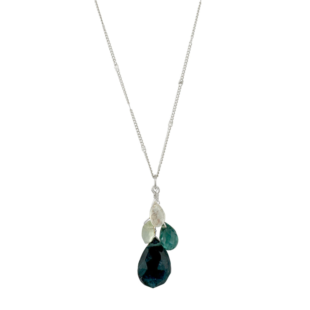 kyanite, prenite, quartz, & moonstone cluster necklace in silver