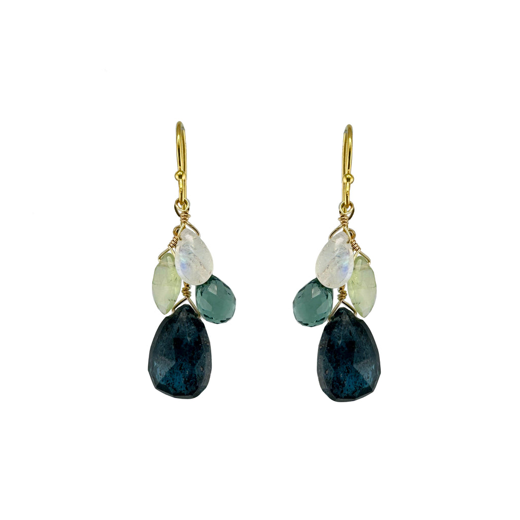 kyanite, prenite, quartz, & moonstone cluster earrings in gold vermeil
