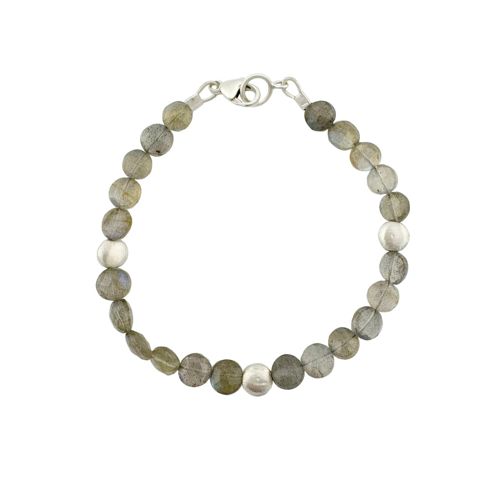 Bracelet with round labradorite beads on a white background