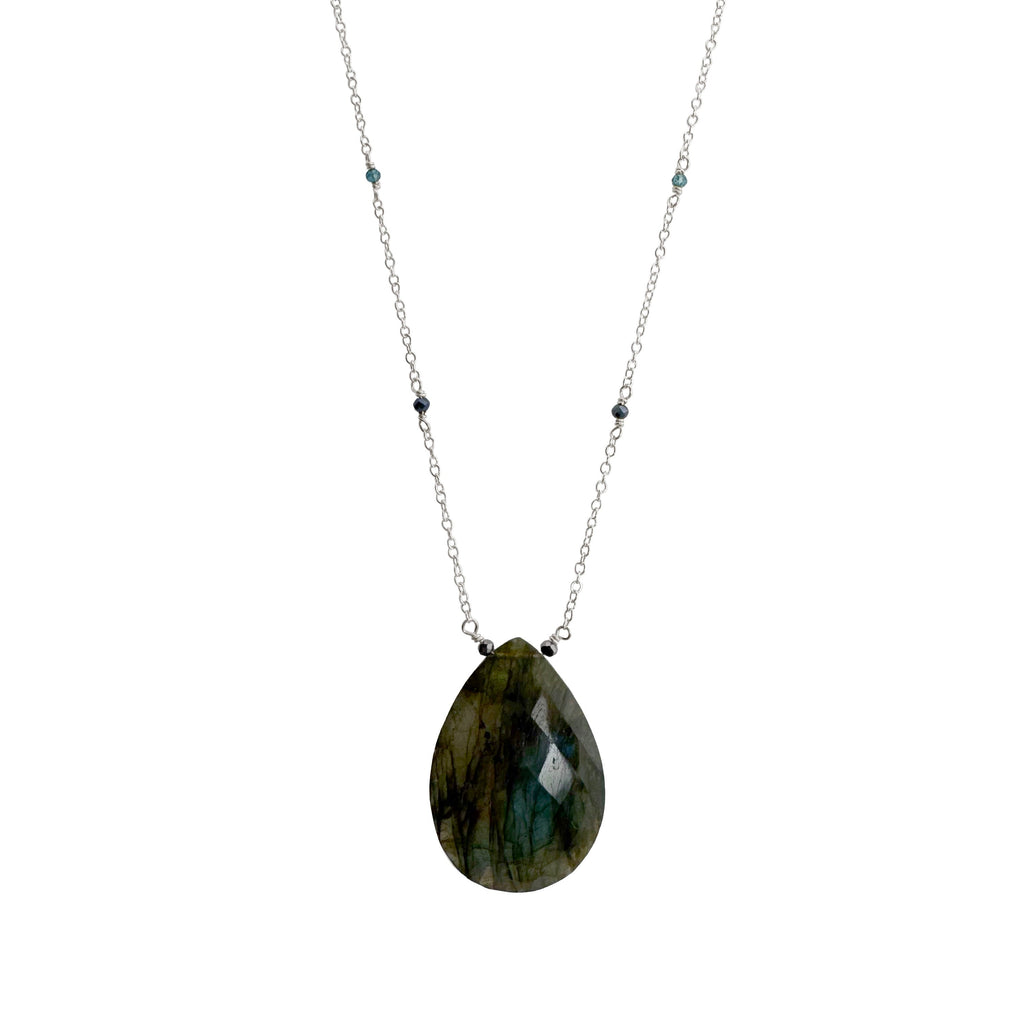 Necklace with a teardrop-shaped Labradorite pendant on a white background