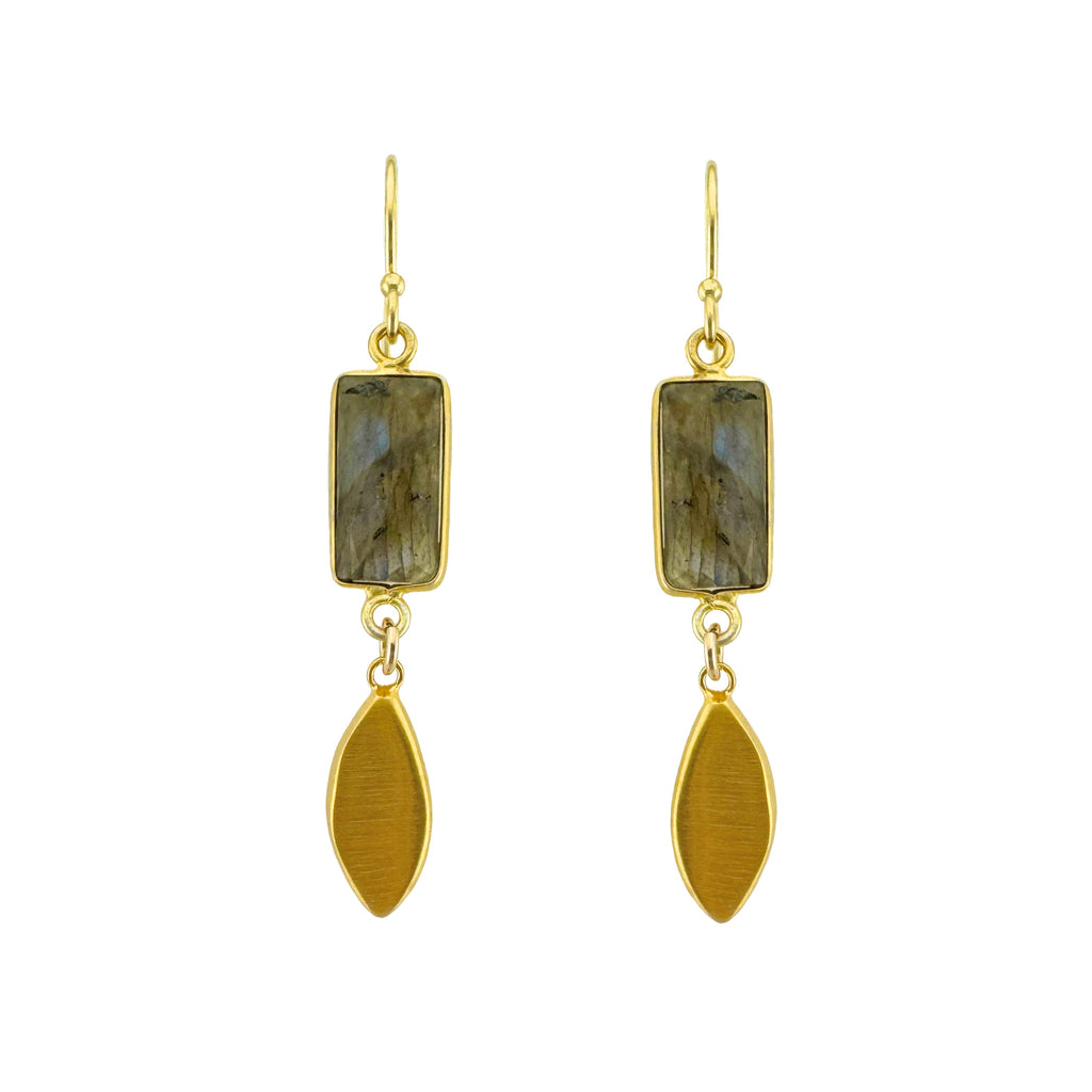 Gold earrings with rectangular Labradorite stones on a white background