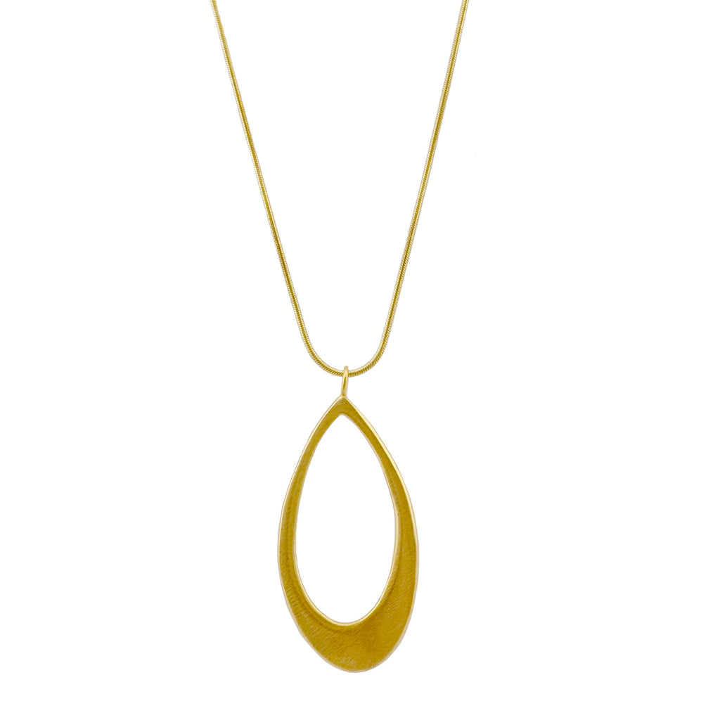 Gold necklace with a teardrop-shaped pendant on a white background