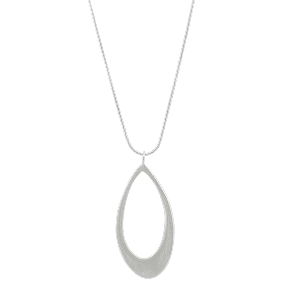 Silver teardrop pendant necklace on a white background