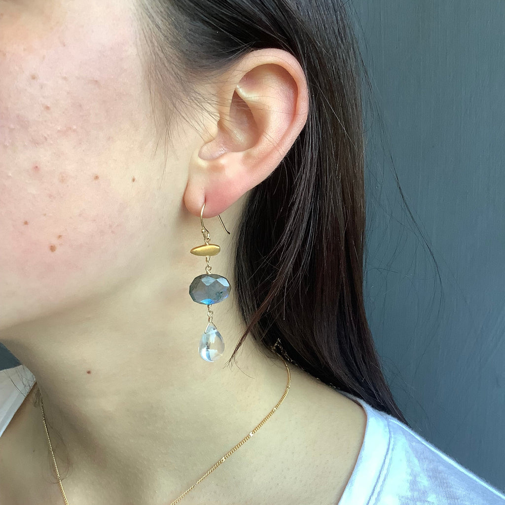 little nugget labradorite & quartz earrings in vermeil on the ear