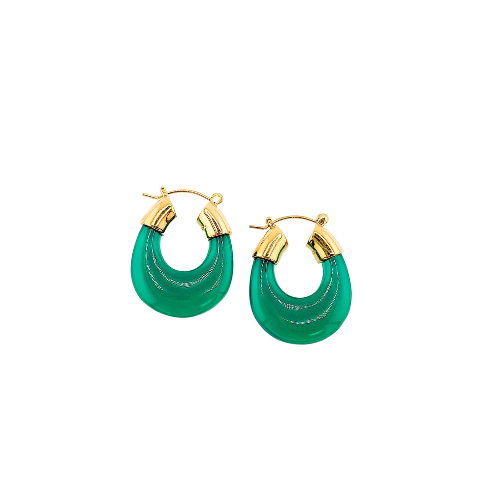 Green hoop earrings with gold accents on a white background