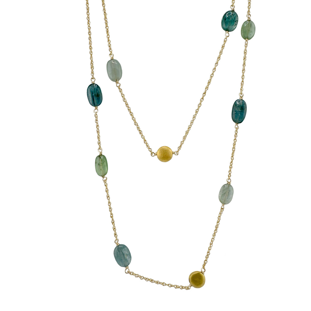 multi kyanite w. disks on 36" chain necklace in vermeil