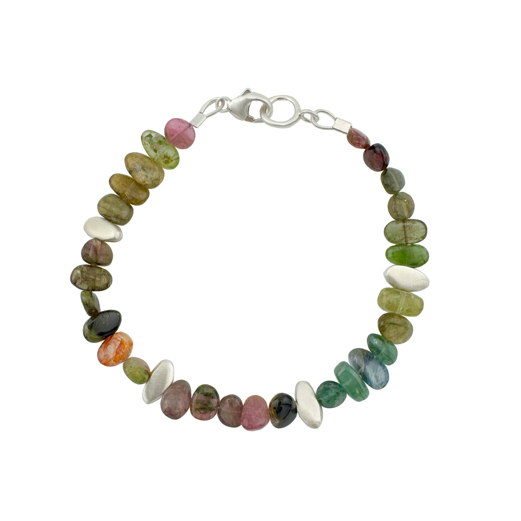 Multicolored beaded bracelet with a silver clasp on a white background