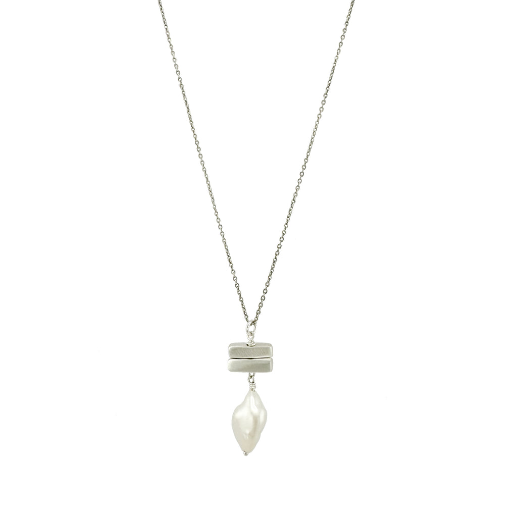 organic pearl w. two bars necklace in silver