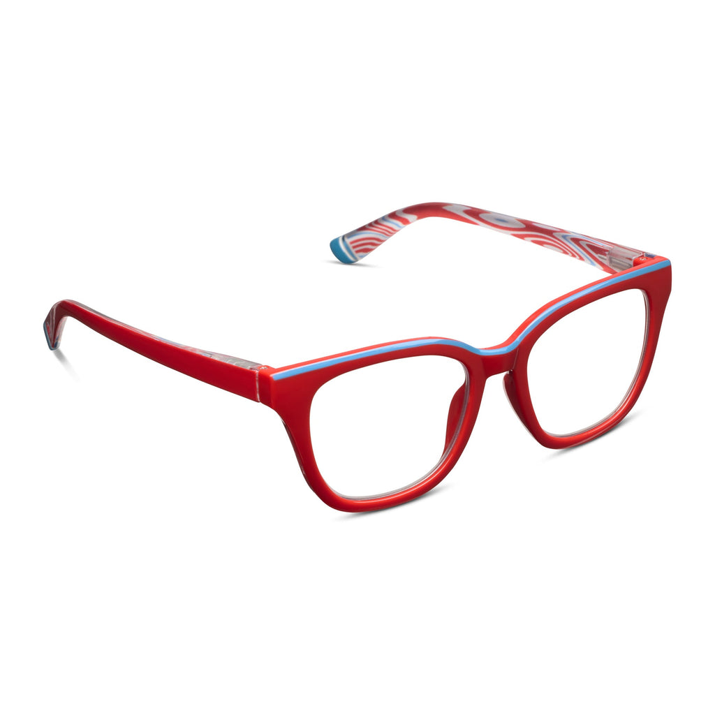 red frame glasses with blue top accent and blue and red swirls on interior of stems