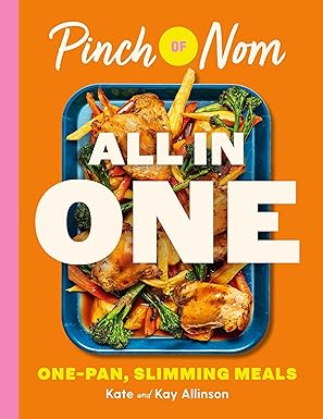 Book cover of 'Pinch of Nom All in One' with a tray of food on an orange background