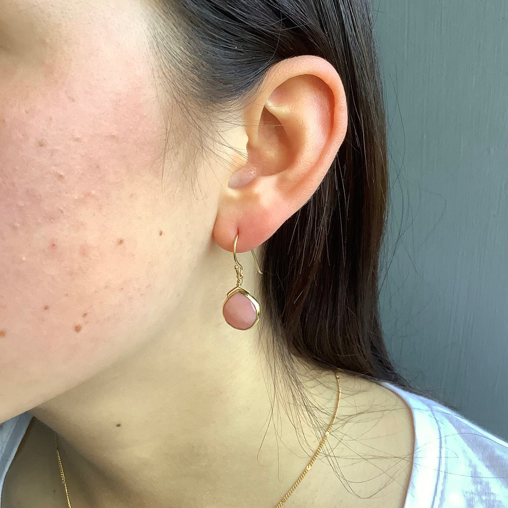 pink opal drops earrings in vermeil on the ear