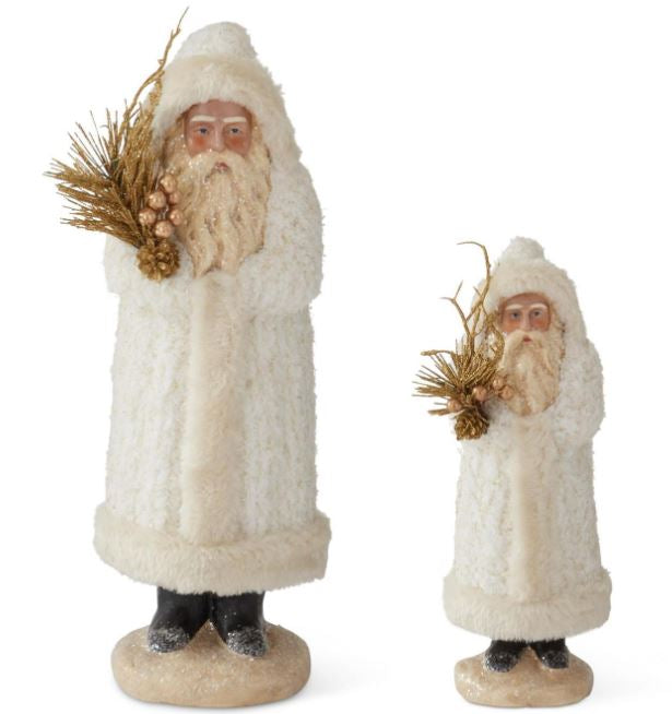 Two decorative figures of a bearded Santa man in a white robe with a golden branch on a white background