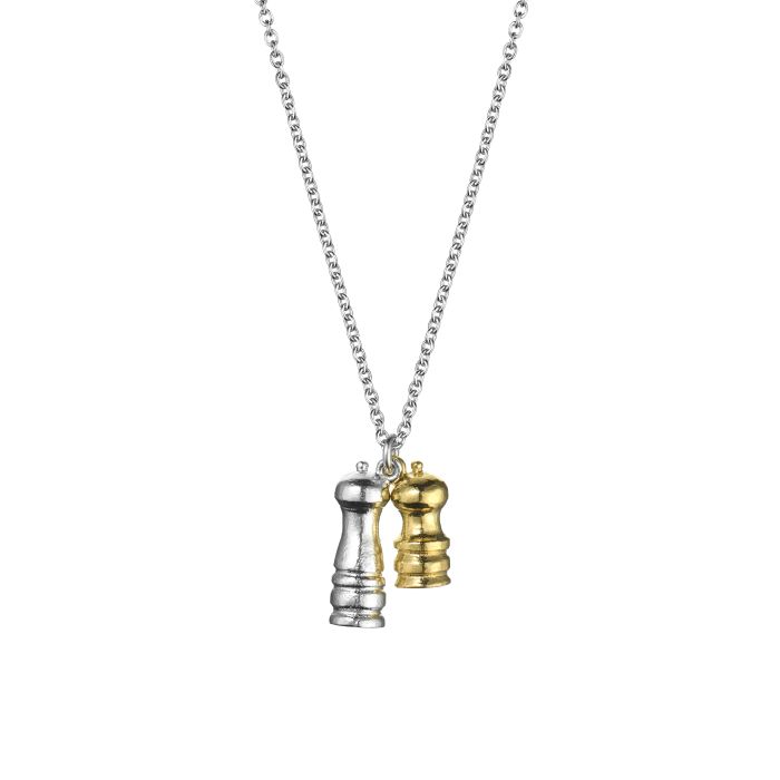 salt and pepper mills charm necklace on white background