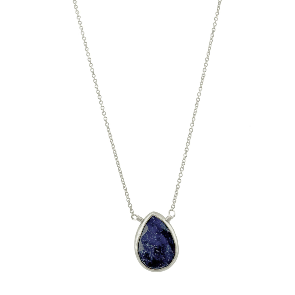 Necklace with a teardrop-shaped blue pendant on a white background
