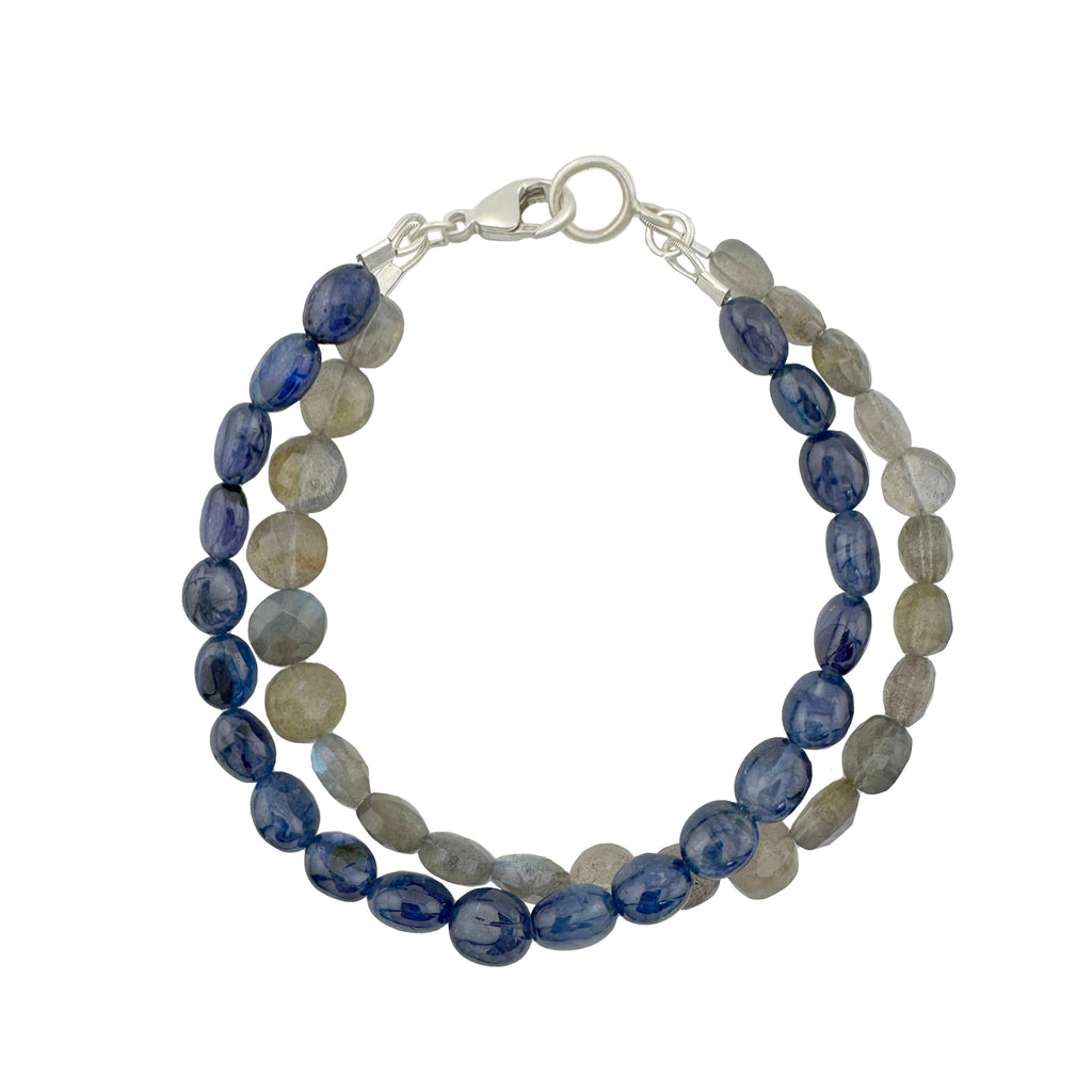 Beaded bracelet with blue and gray stones on a white background