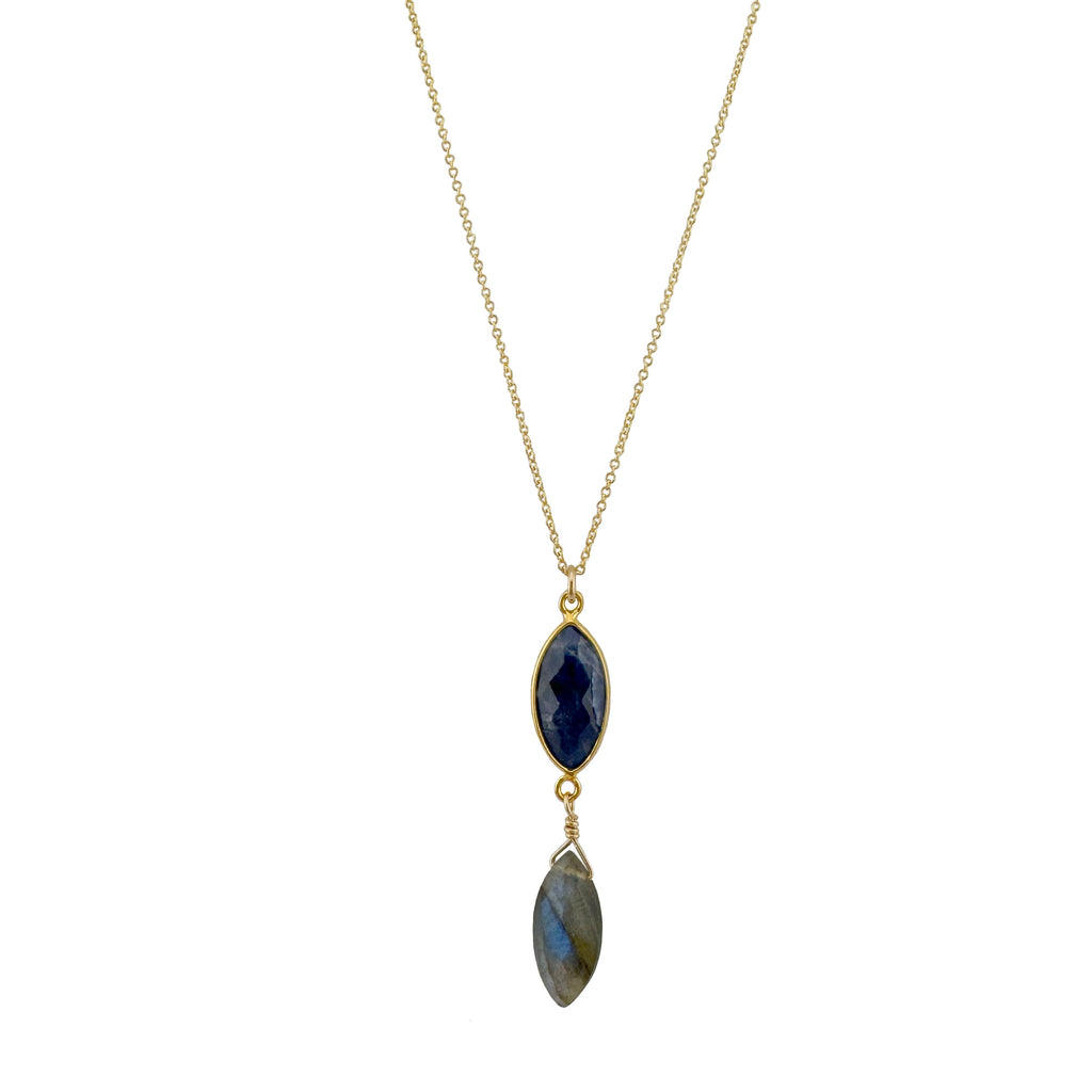 Necklace with blue and gray pendant on a white background