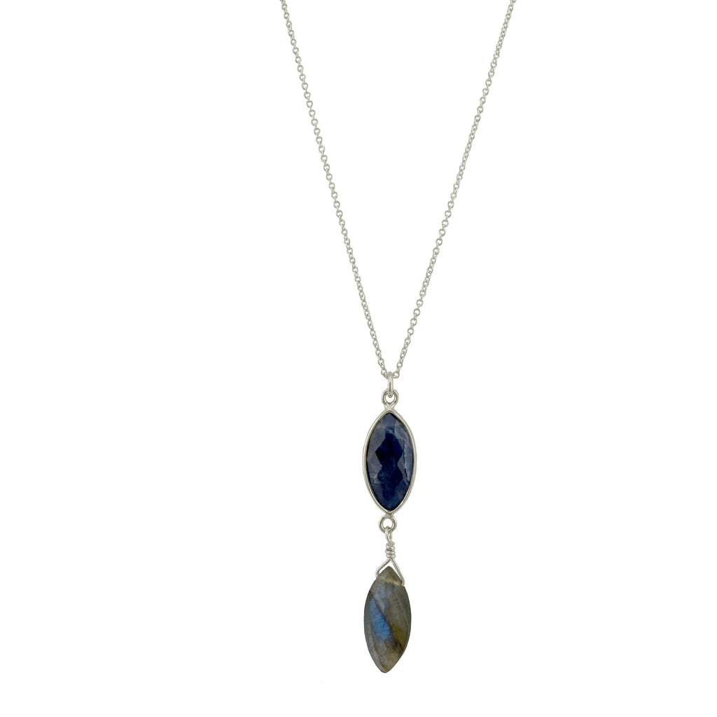 Necklace with two gemstone pendants on a white background