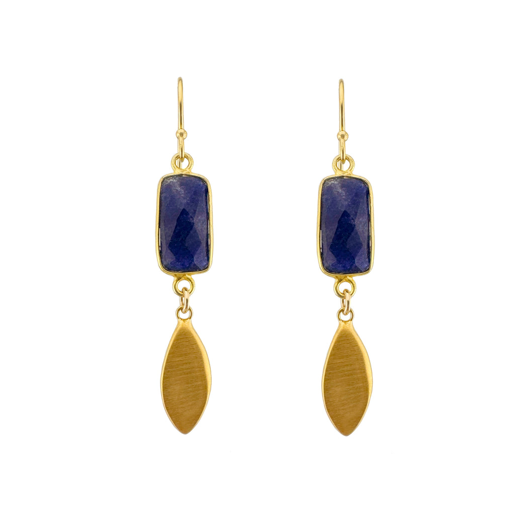 Pair of earrings with blue stones and gold accents on a white background