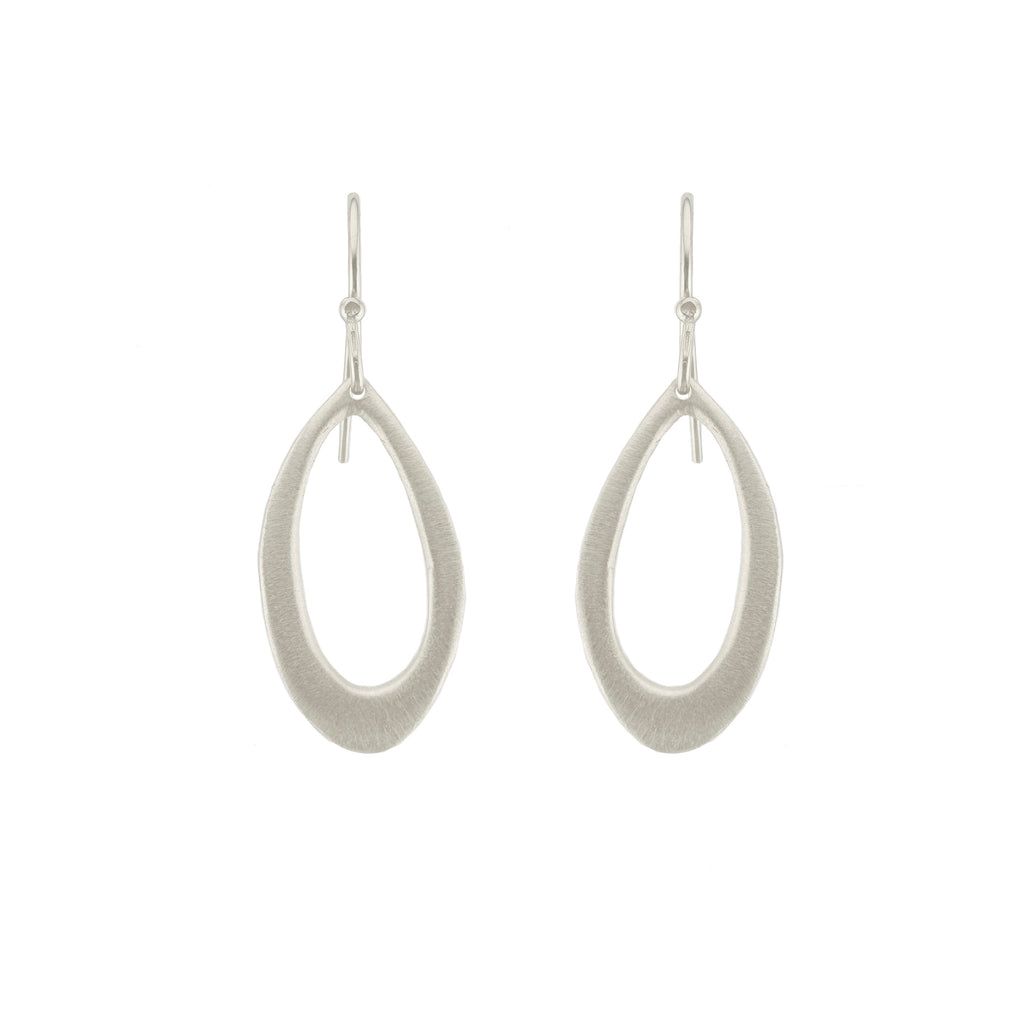 small leaf drop earrings in silver on a white background