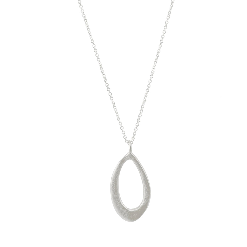 Silver teardrop pendant necklace on a white background