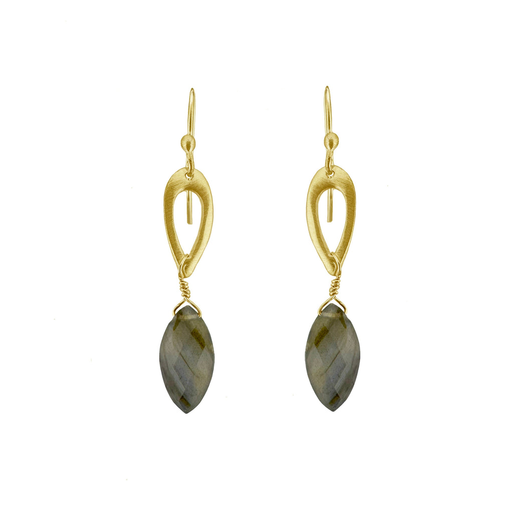 Gold earrings with Labradorite stones on a white background