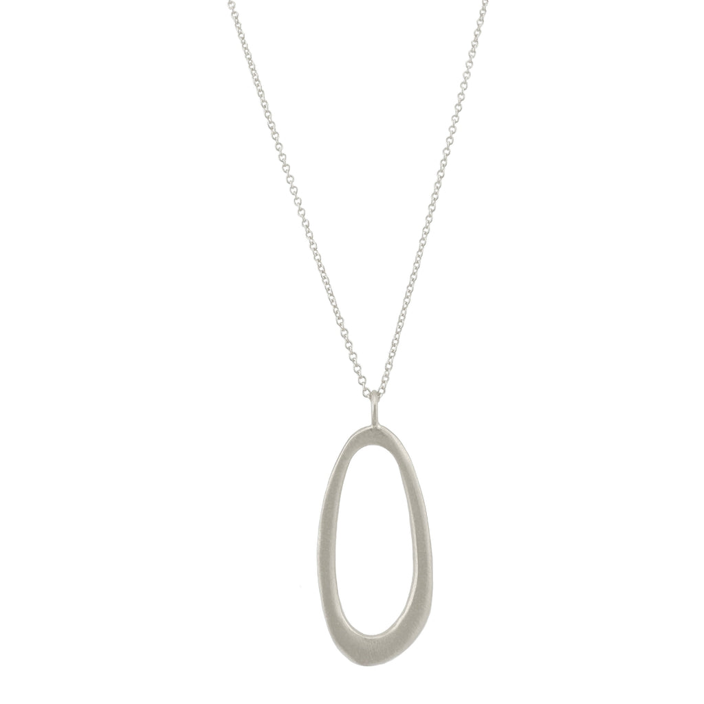 Silver necklace with an oval pendant on a white background
