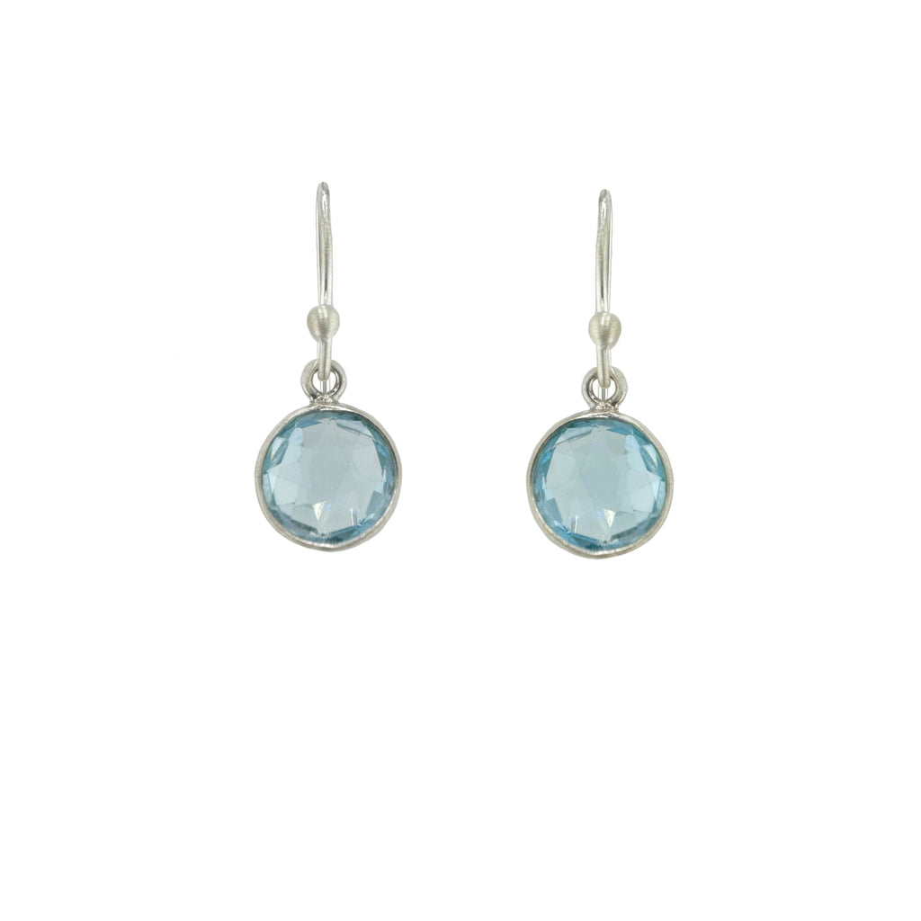 small round swiss blue topaz earrings in silver