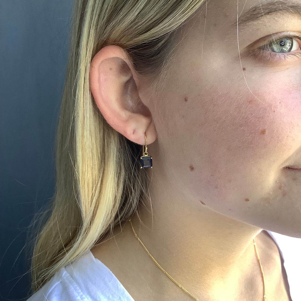 square iolite earrings in gold vermeil on the ear