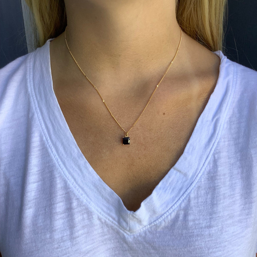square iolite necklace in gold vermeil on the neck