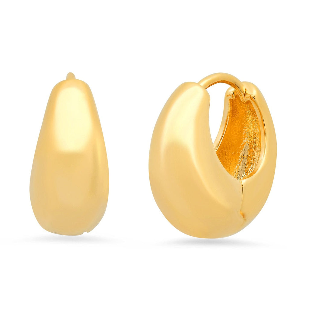 gold  huggie hoop earrings with snap closure  narrow at top and chunkier at bottom