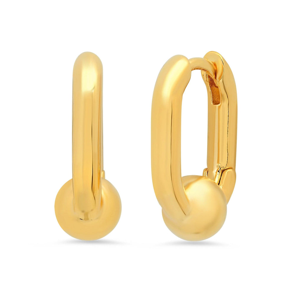 gold rectangular oval huggie earrings with snap closure and ball at base