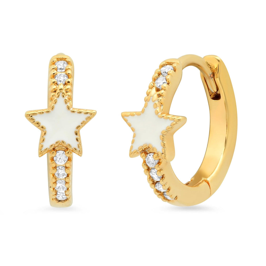 gold snap closure huggie earring with pave cz and white enamel star on front of hoop