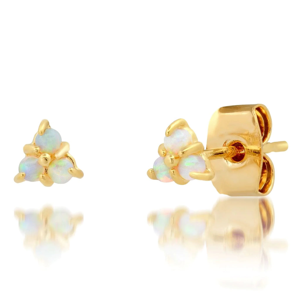 A pair of gold-plated brass stud earrings featuring trinity cluster designs with opal inlays on a white background.