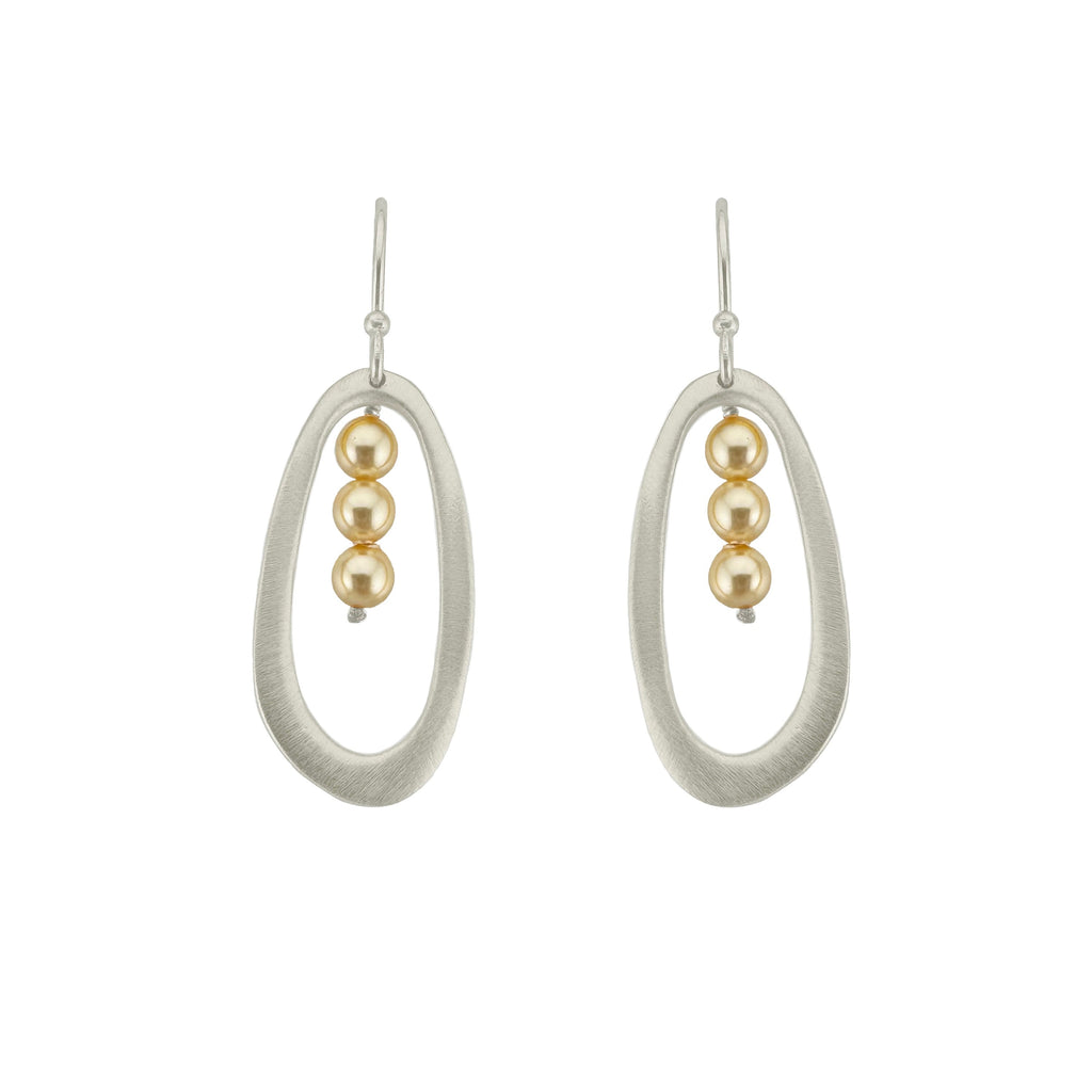 Pair of earrings with oval loops and pearl-like beads on a white background