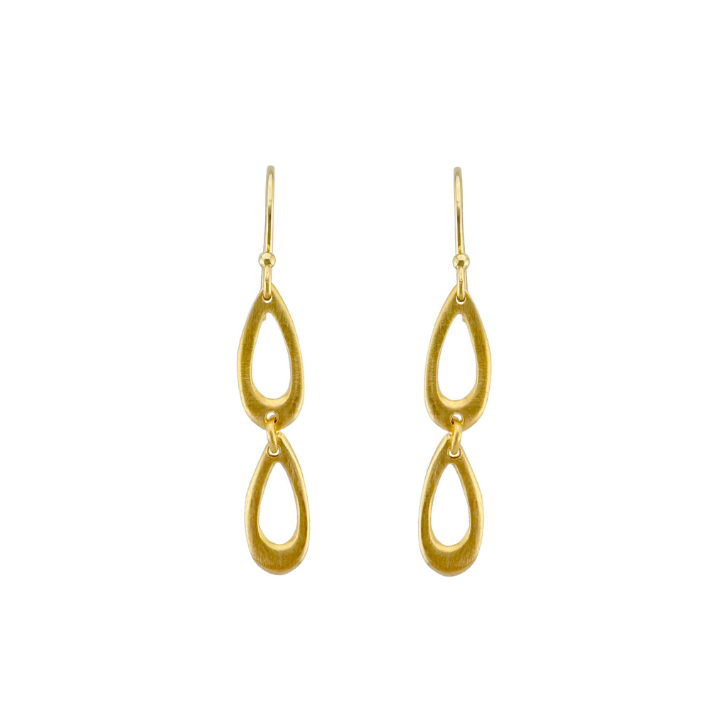 Gold double drop earrings on a white background