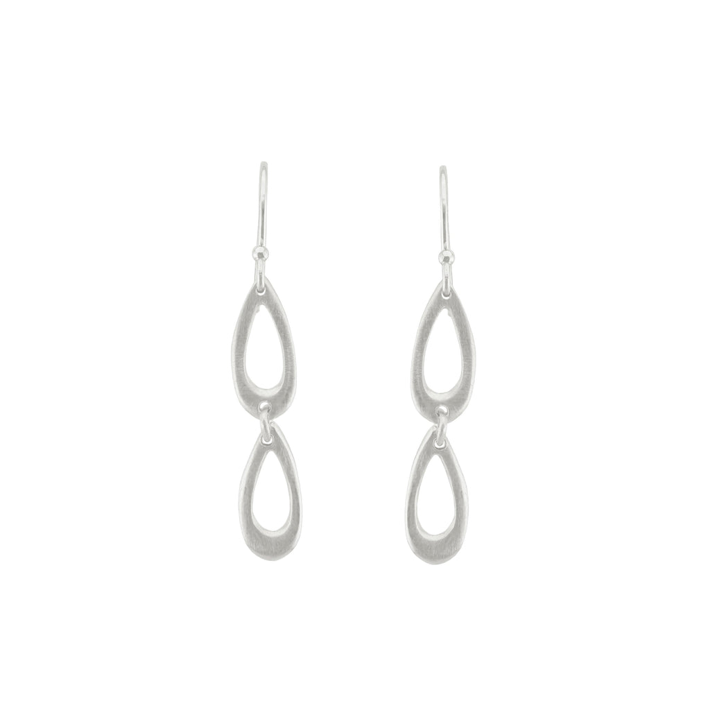 Pair of silver double drop earrings on a white background