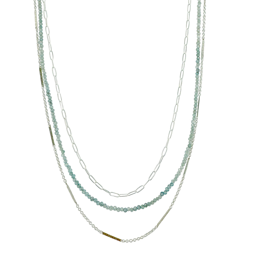 triple strand chain & zircon necklace in silver