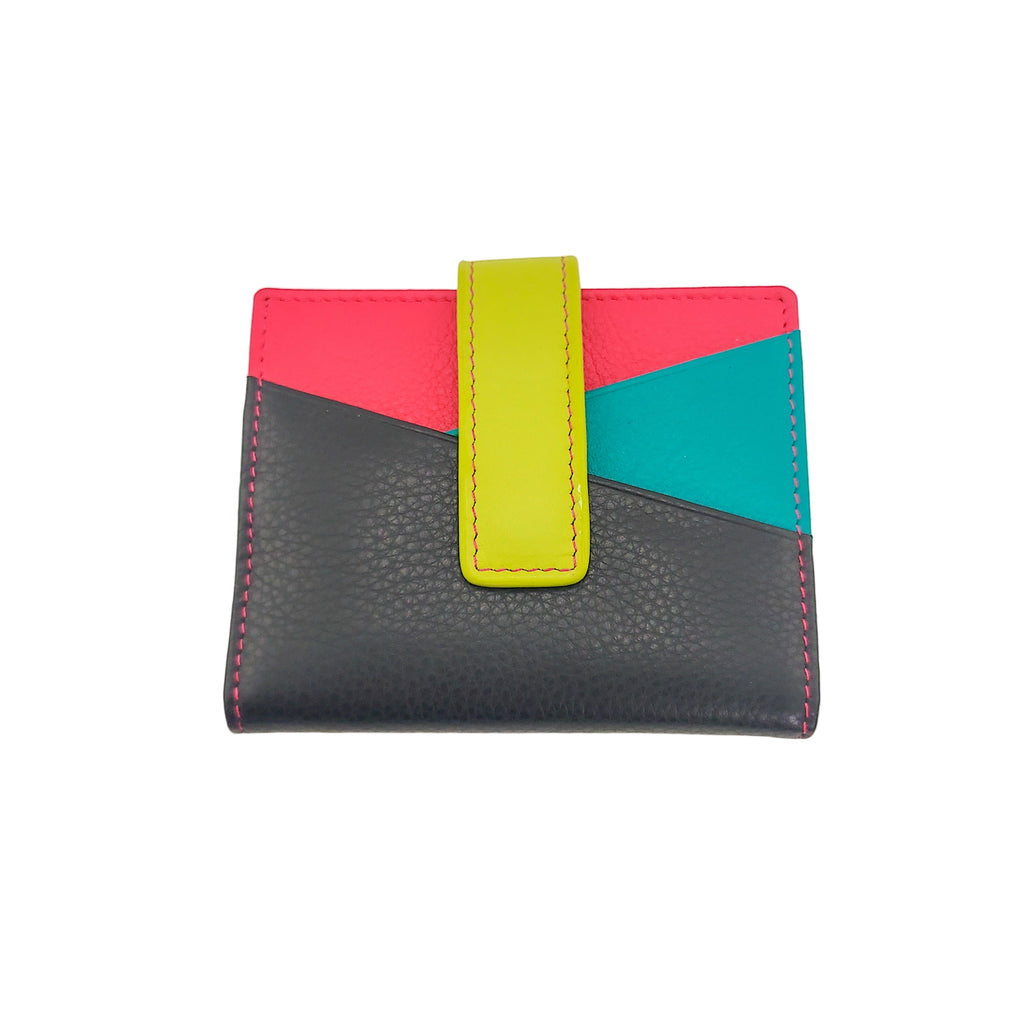 Multicolored wallet with black, red, green, and yellow sections on a light gray background