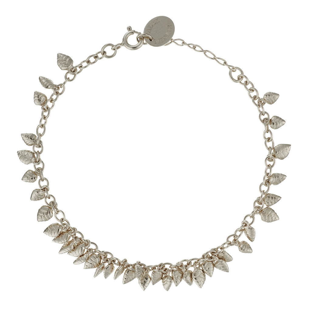 Silver bracelet with leaf-shaped charms on a white background