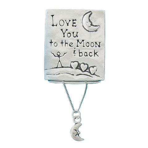 Silver pendant with 'Love You to the Moon & Back' text and moon design on a white background