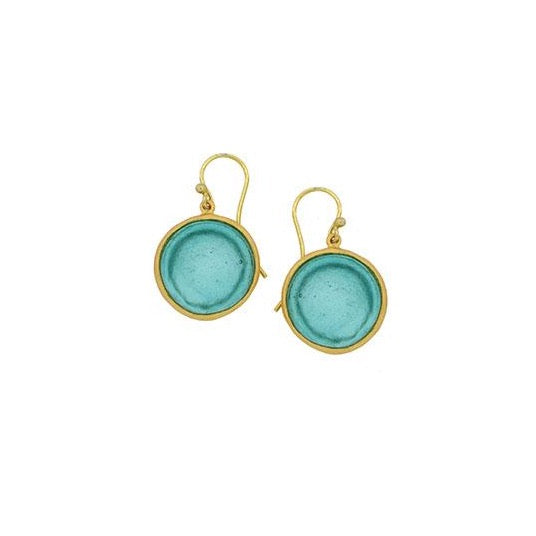 A pair of gold-colored wire earrings with blue glass charms, displayed against a white background.