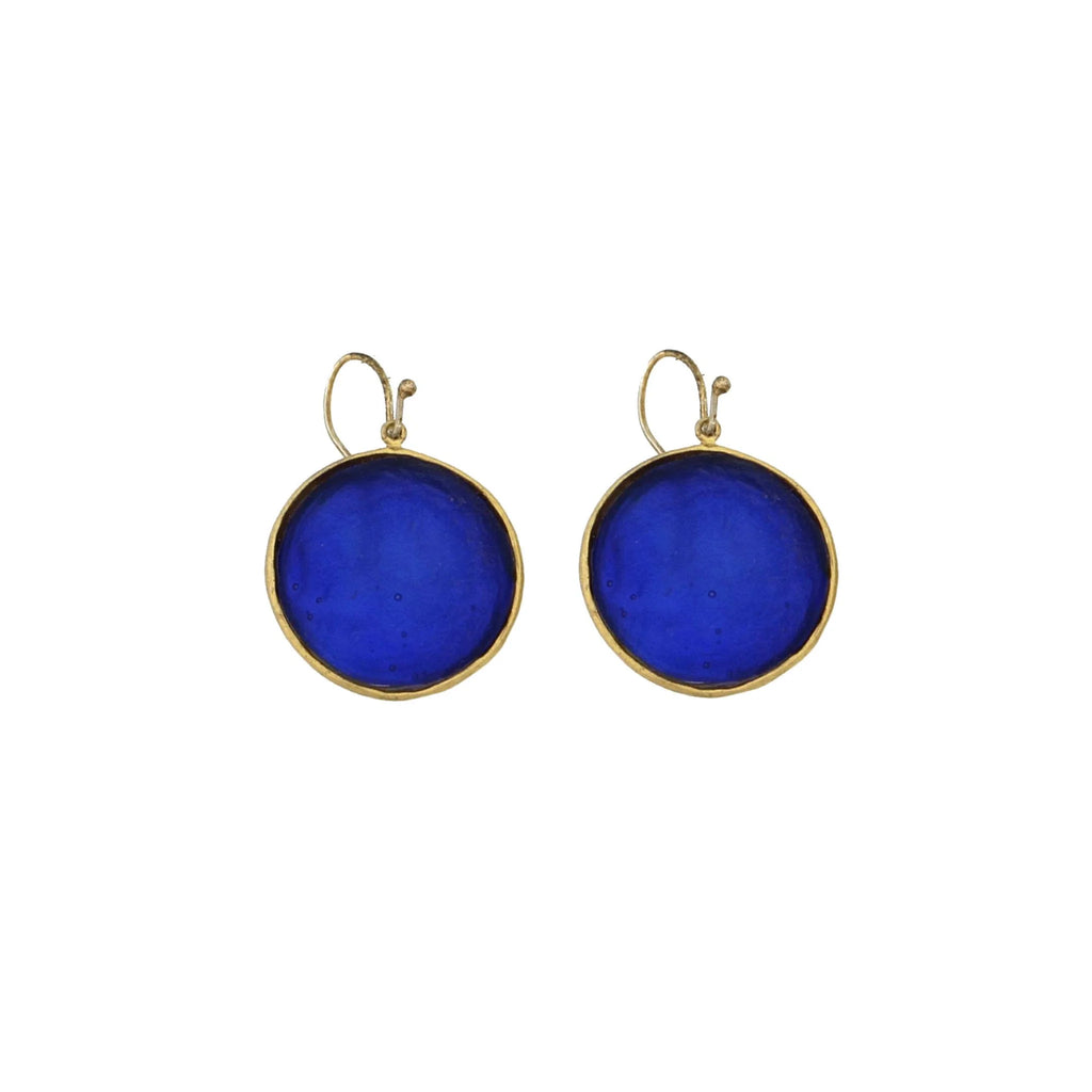 A pair of cobalt blue-colored glass earrings with bronze wires