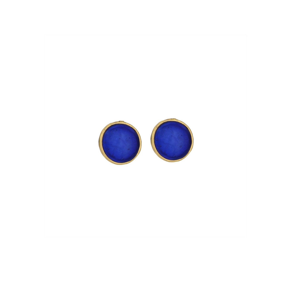 A pair of bubble-shaped earrings with a bronze and cobalt blue color scheme.