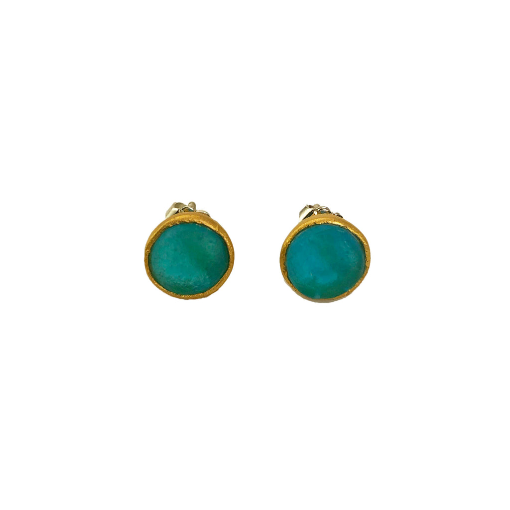 A pair of bubble-shaped earrings with a bronze gold finish and teal-colored glass elements, attached to sterling silver posts and clasps.