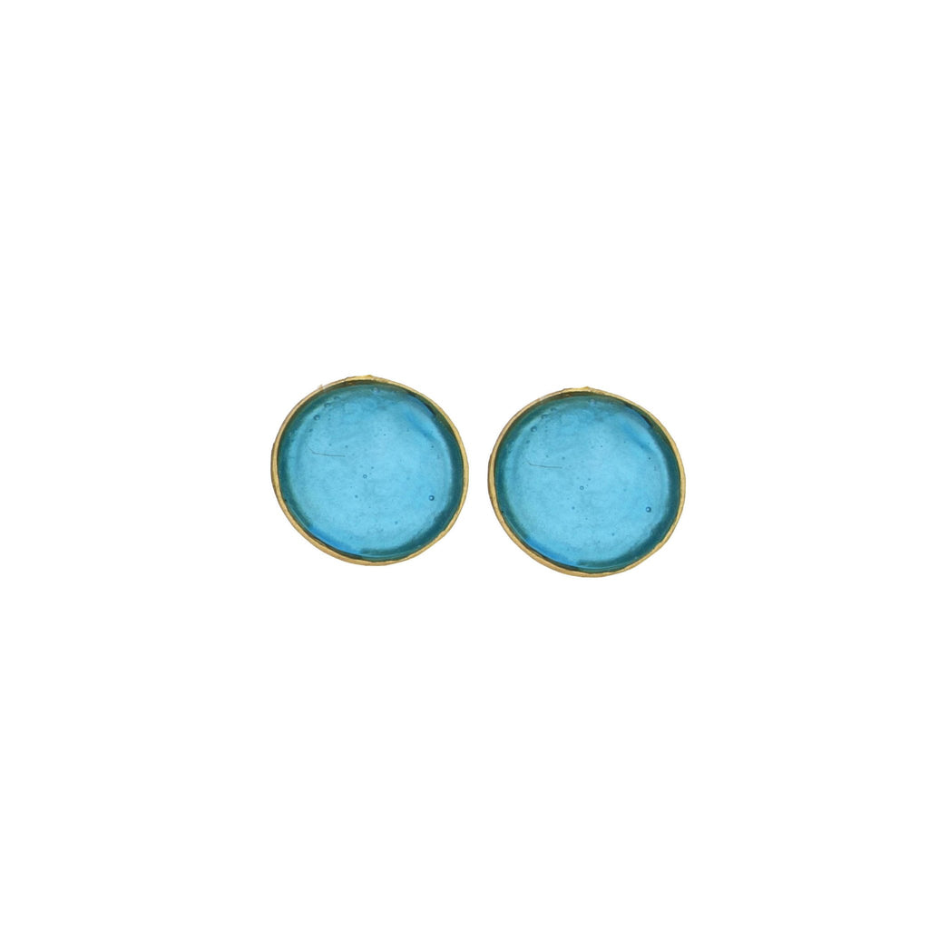 A pair of bubble-shaped earrings with a bronze and turquoise color scheme.
