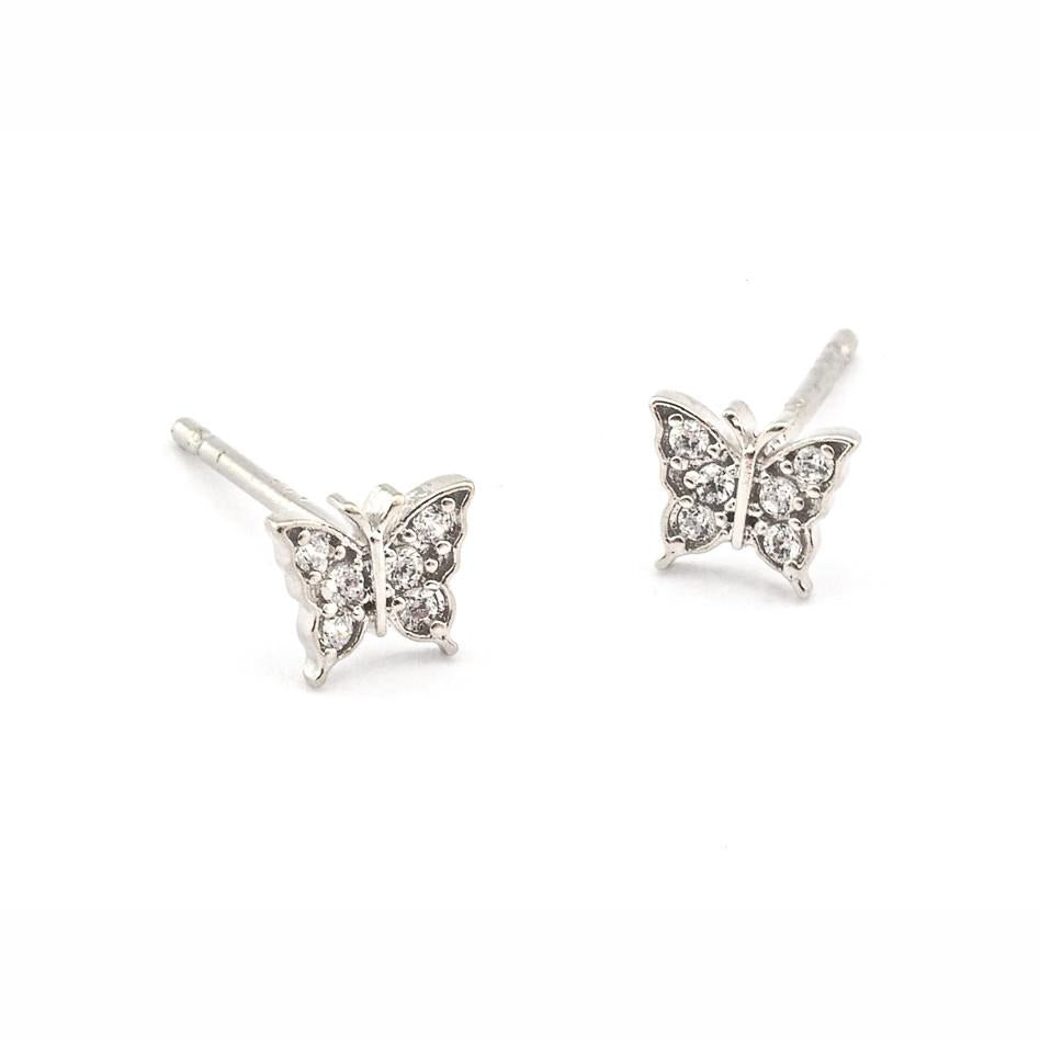 silver post earrings withcz pave in butterfly shape