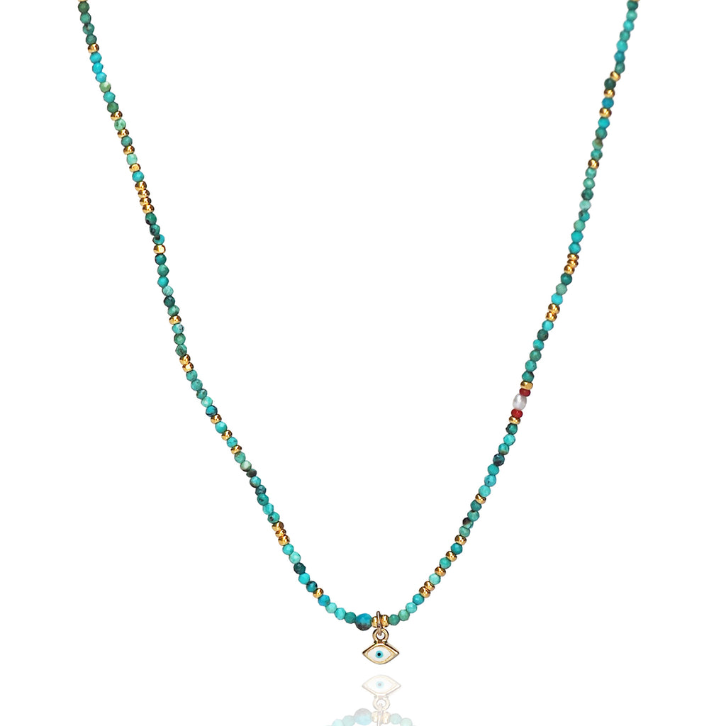 Turqoise and gold beaded necklace chain with evil eye pendant 